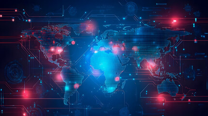 Obraz premium Digital World Map with Neon Effects, Global Network Visualization, Technological Abstract Design, Cybersecurity and Data Connection Themes