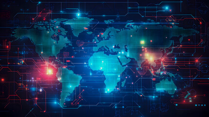 Obraz premium High-Tech World Map with Digital Effects and Bright Colorful Lights on a Dark Background Representing Global Connectivity and Technology Concepts