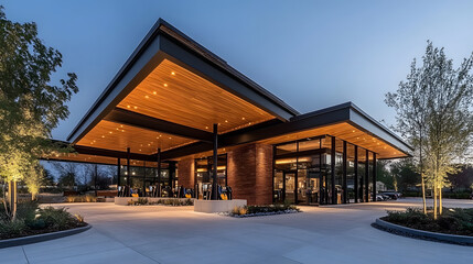 A modern architectural building with a large overhanging roof, illuminated exterior, surrounded by greenery at dusk