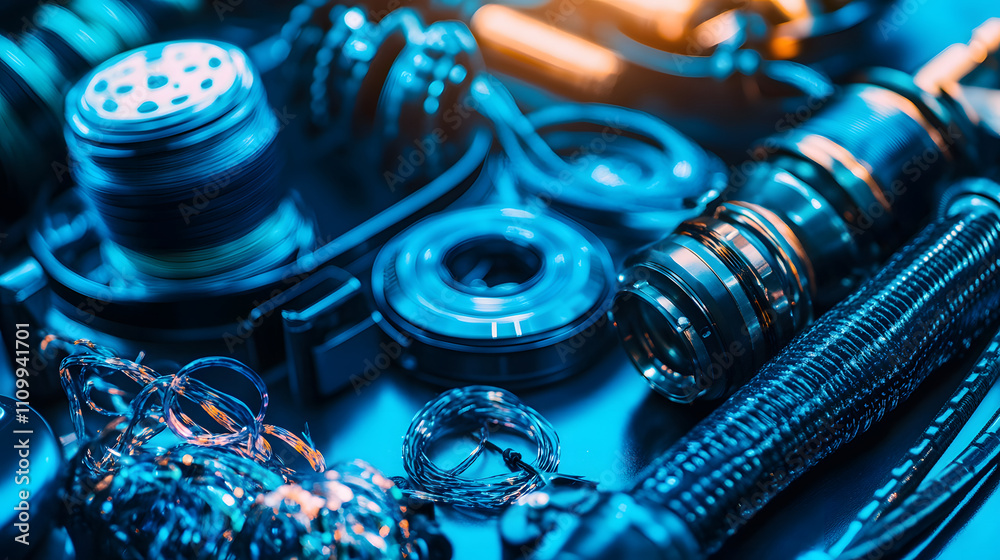 Aufkleber A close-up view of various metallic objects and tools arranged artistically, featuring intricate detailing and vibrant blue lighting