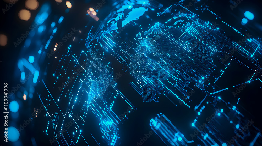 Poster futuristic digital world map visualization with neon blue lines and data streams for high-tech backg