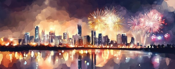 New year celebration festivity concept. Dramatic city skyline, fireworks and festive lights reflecting on a river, Watercolor style