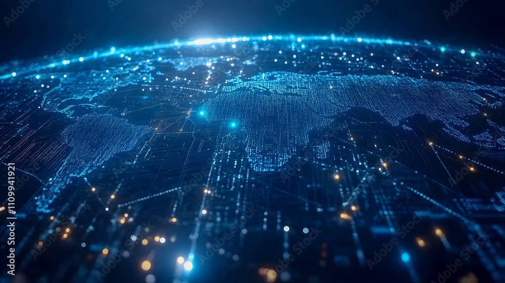 Poster digital world map with data connections and network visualization representing global technology and