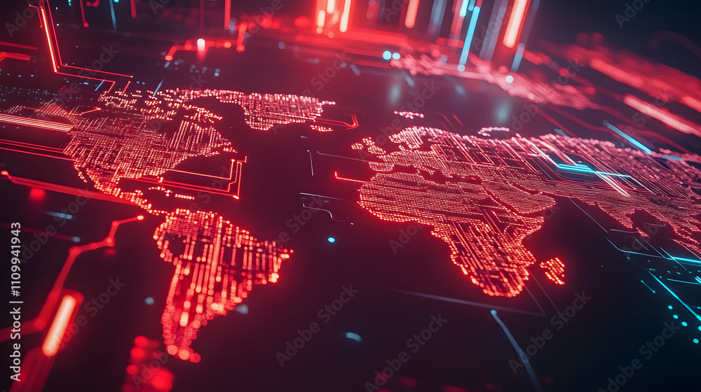 Poster futuristic digital world map with red neon lights and circuit patterns on dark background for techno
