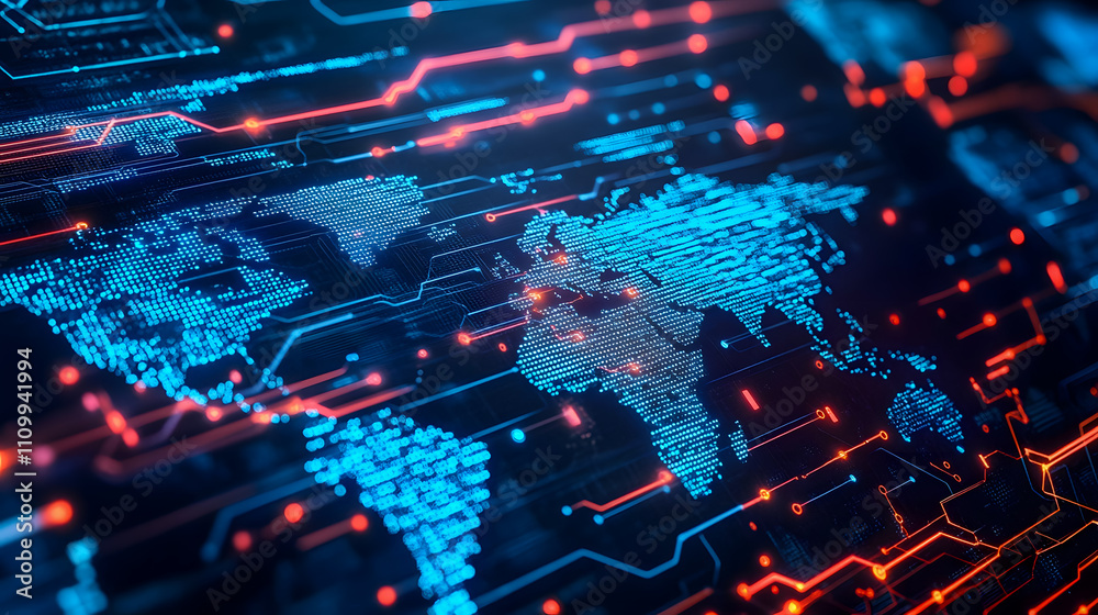 Poster futuristic abstract digital world map technology visualization in neon colors for data analysis, cyb