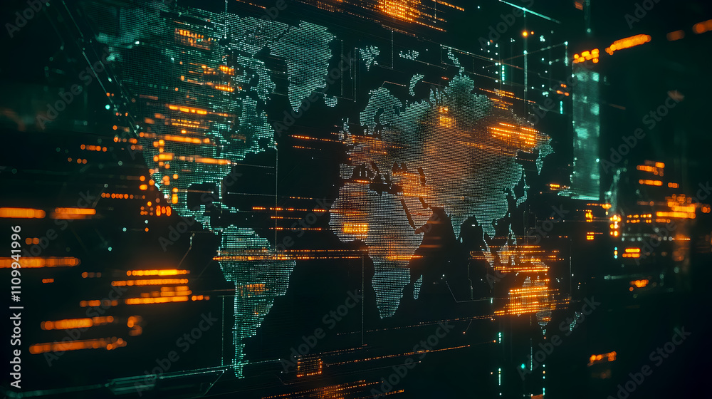Poster abstract digital world map with glowing data streams and technological elements in futuristic style 