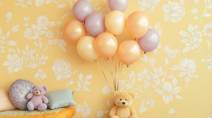 Two teddy bears sit beneath a cluster of pastel balloons floating against a patterned yellow wallpaper for a child's party backdrop.