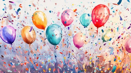 New year celebration festivity concept. Midnight countdown, balloons dropping as confetti fills the air, dynamic celebration, Watercolor style