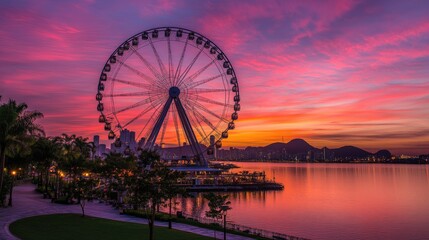 Vibrant Sunset Over Ferris Wheel by the Water