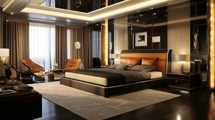 Fototapeta premium Luxurious Modern Bedroom Interior Design: Opulent Amber and Dark Wood Accents, Elegant Furniture, and Soft Lighting