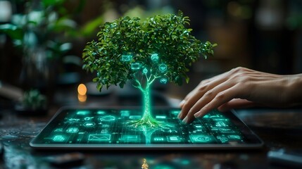 Digital Tablet with Tree Growing from Screen Symbolizing Knowledge Growth Through Technology and Education