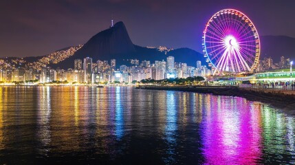Night cityscape with ferris wheel and mountain backdrop