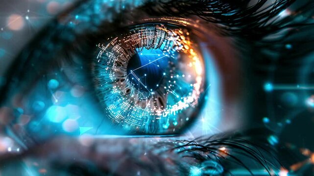 Close-up of a futuristic digital eye. Digital eye, data network and cyber security technology. Futuristic tech of virtual cyberspace. Digital eye. Internet secure surveillance. Generate AI.
