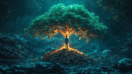 Student Standing on Books Beneath Glowing Tree Symbolizing Learning s Transformative Power