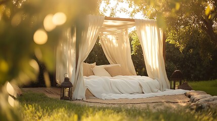 Romantic outdoor bed canopy in garden setting at sunset.