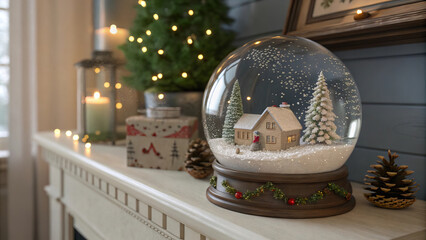snow globe featuring miniature Christmas village with cozy house, snow covered trees, and festive decorations, creating warm holiday atmosphere