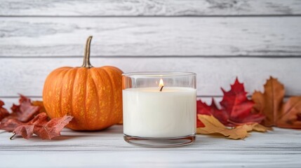 Cozy Autumn Candle with Pumpkin and Leaves Display