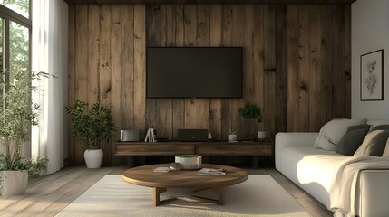 Modern living room with wooden wall, comfy sofa, and large TV screen, bathed in warm sunlight streaming through a large window.