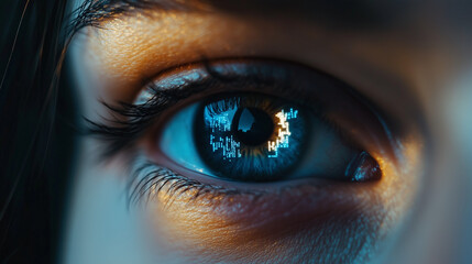 Close-up of an eye with a blue iris and a glowing digital data texture