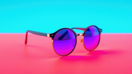 A pair of round sunglasses with purple lenses sits on a bright pink surface, with a vibrant blue background.