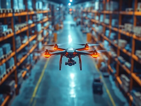 Futuristic Drone Assisting in Warehouse Logistics and Inventory Management with Precision and Speed
