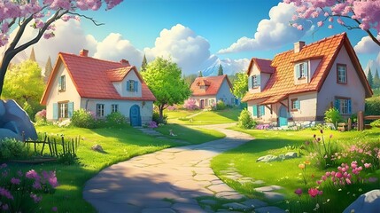 Idyllic Spring Village Scene: Charming Cottages, Blossoming Trees, and Winding Stone Path under a Sunny Sky