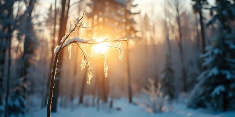A frosty twig glows in the warm light of the winter sun, casting a delicate shadow on the snowy forest floor.