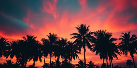 Silhouettes of palm trees stand tall against a vibrant sunset sky, casting long shadows as the sky transforms into a canvas of fiery hues.