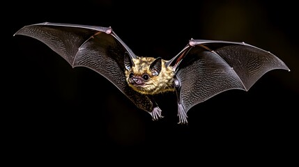 A Brown Bat in Flight Against a Black Background