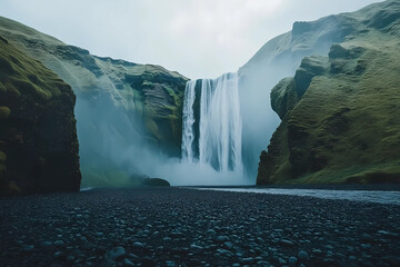 A waterfall is in the foreground of a mountain range