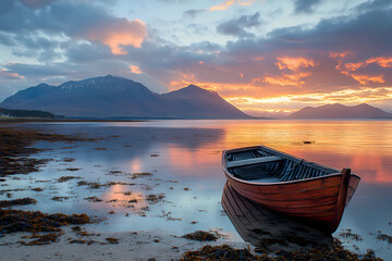 A small wooden boat on the shore of a sea loch, with mountains in the background at sunset