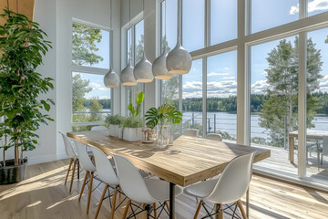 Scandinavian dining room with large windows, wooden table, white chairs, greenery, and pendant lighting