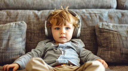 Fototapeta premium A focused little boy sits on a comfortable couch, headphones on, completely engaged in his game, radiating concentration and joy.