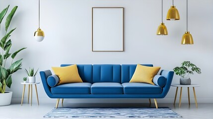 Modern Living Room Interior Design with Blue Velvet Sofa, Gold Lamps, and Abstract Rug