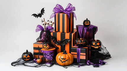 Naklejka premium Elegant arrangement of Halloween gift boxes with spooky decorations