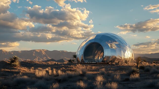 Futuristic geodesic dome in desert landscape at sunset.