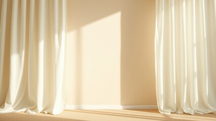 Fototapeta premium Sunlight streaming through sheer curtains casting soft shadows on a cream wall and a beige floor