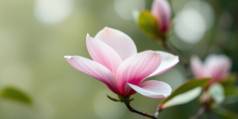 Fototapeta premium A Delicate Pink Magnolia Blossom Opens to Reveal Its Soft, White Interior, Against a Blurred Green Background