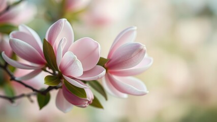 Obraz premium Soft Pink Magnolia Blossoms in a Delicate Embrace, a Gentle Reminder of Spring's Arrival