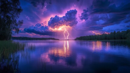 Mysterious purple sky with lightning flashing over a calm lake, creating an awe-inspiring atmosphere of nature’s power and beauty, with dramatic reflections on the tranquil waters.
