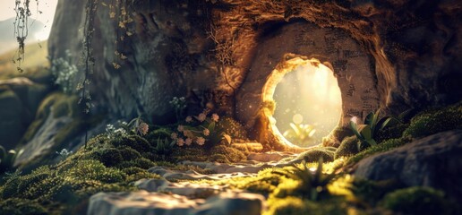 The empty tomb stands open, radiating light, where the stone has rolled away, symbolizing victory over death and despair.
