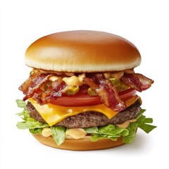 A classic double bacon cheeseburger with lettuce and tomato, isolated white background, surrealism art style