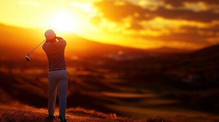 Fototapeta premium A golfer taking a swing at sunset, surrounded by a beautiful landscape, capturing the essence of outdoor sports and recreation.