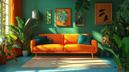 Orange Couch in Green Living Room