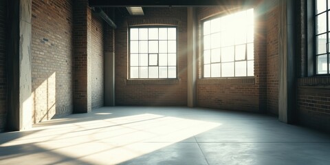 Sunlight streams through large windows in an empty brick warehouse space, illuminating the concrete floor with long shadows.