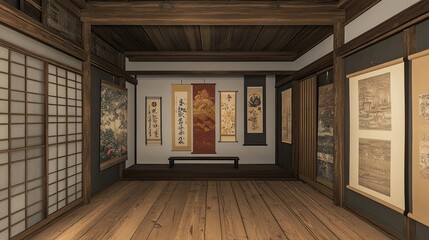 Traditional Japanese Room With Hanging Scrolls And Artwork