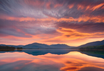 mirror-like lake surface at sunrise
