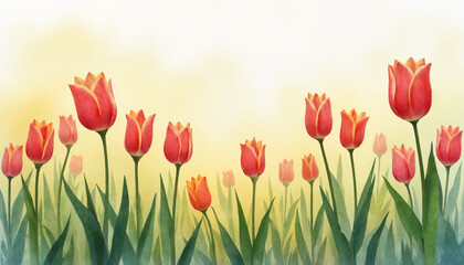 Beautiful watercolor tulip field in vibrant reds and greens against a soft background