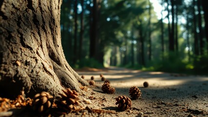 Obraz premium A woodland path lined with towering trees, the sunlight casting long shadows on the ground and highlighting the intricate details of a weathered tree trunk and scattered pine cones.