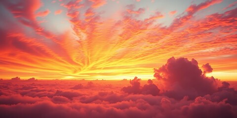 Obraz premium A breathtaking sunset above the clouds, with vibrant orange and red hues painting the sky, creating a mesmerizing spectacle of nature's artistry.